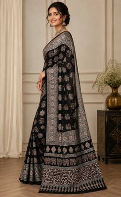 Black color  real mirror elephant prints premium satin saree with un-stitched blouse 3
