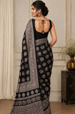 Black color  real mirror elephant prints premium satin saree with un-stitched blouse 4