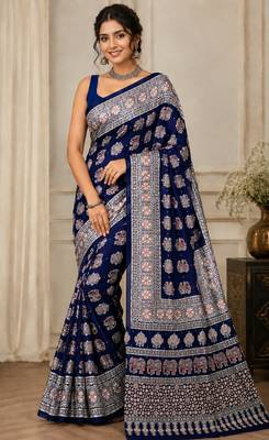 Blue real mirror elephant prints premium satin saree with un-stitched blouse 1