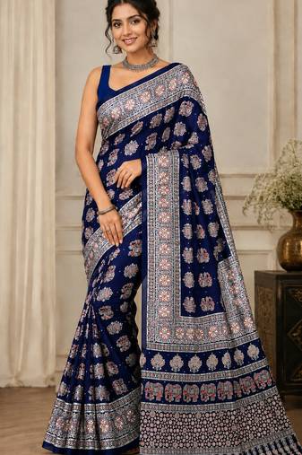 Blue real mirror elephant prints premium satin saree with un-stitched blouse