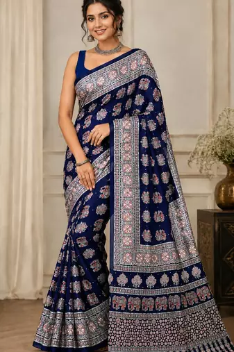 Blue real mirror elephant prints premium satin saree with un-stitched blouse
