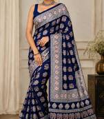 Blue real mirror elephant prints premium satin saree with un-stitched blouse