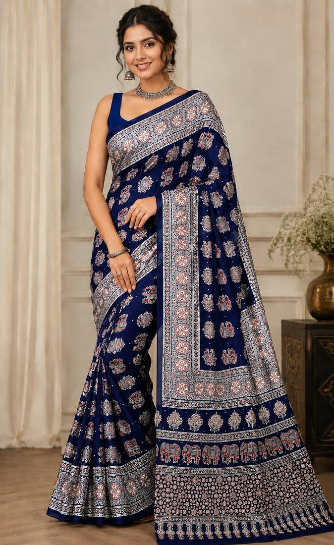Blue real mirror elephant prints premium satin saree with un-stitched blouse