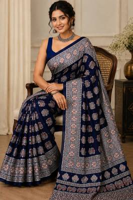 Blue real mirror elephant prints premium satin saree with un-stitched blouse 2