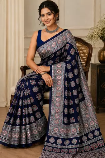 Blue real mirror elephant prints premium satin saree with un-stitched blouse