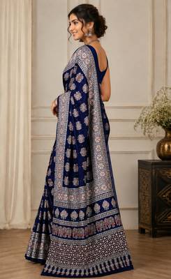 Blue real mirror elephant prints premium satin saree with un-stitched blouse 3