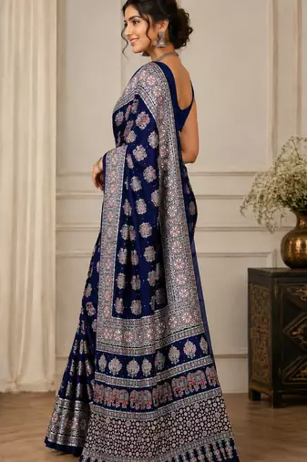 Blue real mirror elephant prints premium satin saree with un-stitched blouse