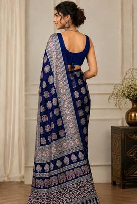 Blue real mirror elephant prints premium satin saree with un-stitched blouse 4