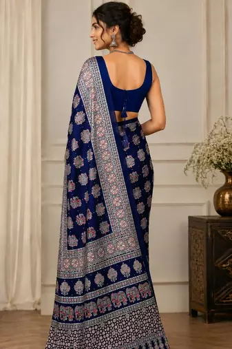 Blue real mirror elephant prints premium satin saree with un-stitched blouse