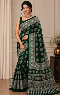 Green color  real mirror elephant prints premium satin saree with un-stitched blouse 1
