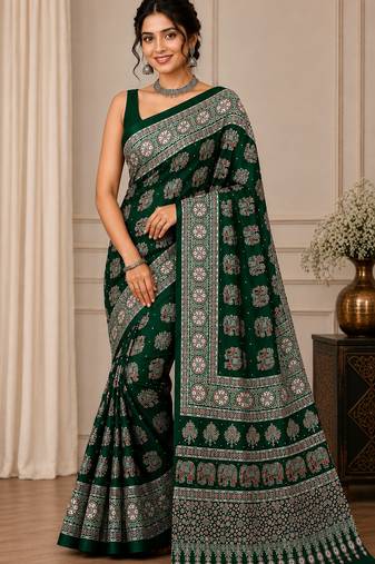 Green color  real mirror elephant prints premium satin saree with un-stitched blouse