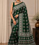 Green color  real mirror elephant prints premium satin saree with un-stitched blouse