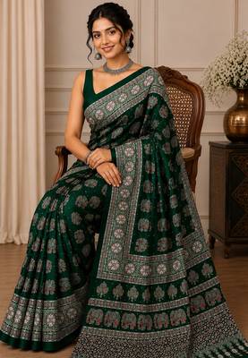 Green color  real mirror elephant prints premium satin saree with un-stitched blouse 2