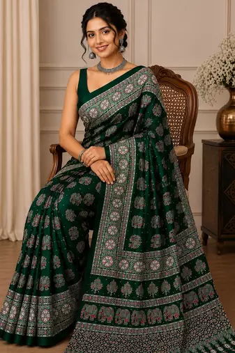 Green color  real mirror elephant prints premium satin saree with un-stitched blouse
