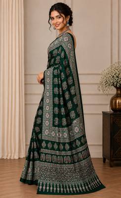Green color  real mirror elephant prints premium satin saree with un-stitched blouse 3