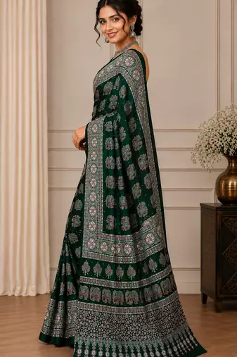 Green color  real mirror elephant prints premium satin saree with un-stitched blouse