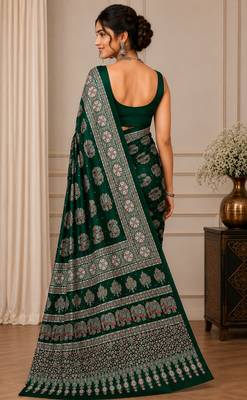 Green color  real mirror elephant prints premium satin saree with un-stitched blouse 4