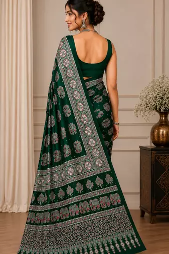 Green color  real mirror elephant prints premium satin saree with un-stitched blouse