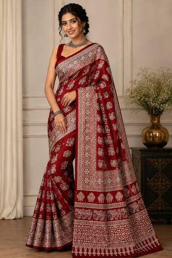Maroon color  real mirror elephant prints premium satin saree with un-stitched blouse