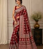 Maroon color  real mirror elephant prints premium satin saree with un-stitched blouse