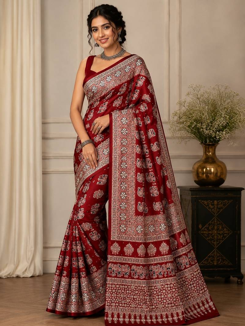 Maroon color  real mirror elephant prints premium satin saree with un-stitched blouse