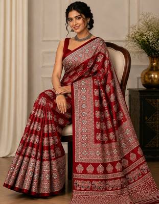 Maroon color  real mirror elephant prints premium satin saree with un-stitched blouse 2