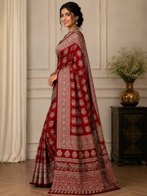 Maroon color  real mirror elephant prints premium satin saree with un-stitched blouse 3