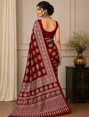 Maroon color  real mirror elephant prints premium satin saree with un-stitched blouse 4