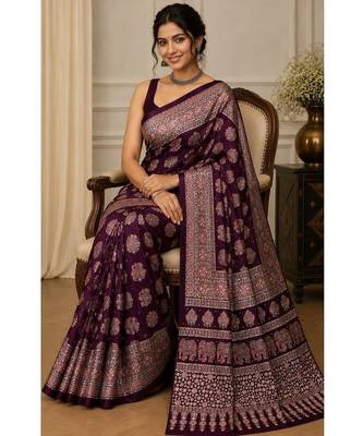 Wine color  real mirror elephant prints premium satin saree with un-stitched blouse 1