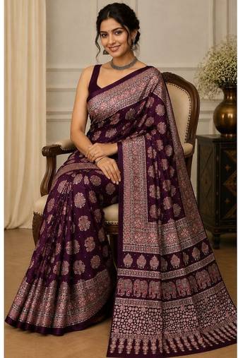 Wine color  real mirror elephant prints premium satin saree with un-stitched blouse