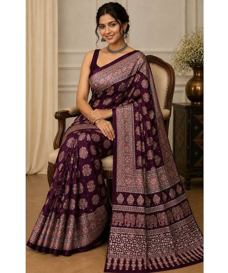 Wine color  real mirror elephant prints premium satin saree with un-stitched blouse
