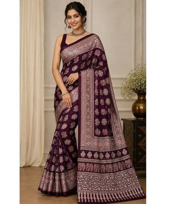 Wine color  real mirror elephant prints premium satin saree with un-stitched blouse 2