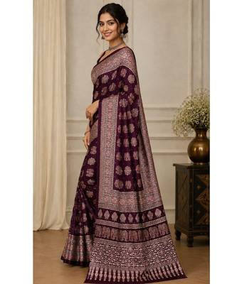 Wine color  real mirror elephant prints premium satin saree with un-stitched blouse 3