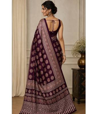 Wine color  real mirror elephant prints premium satin saree with un-stitched blouse 4