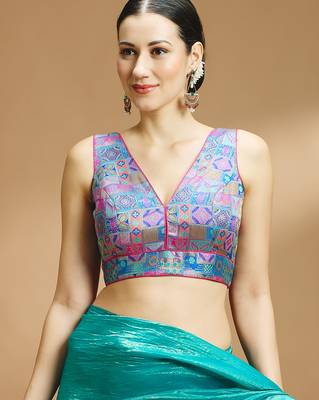 Multi coloured v neck saree blouse 1