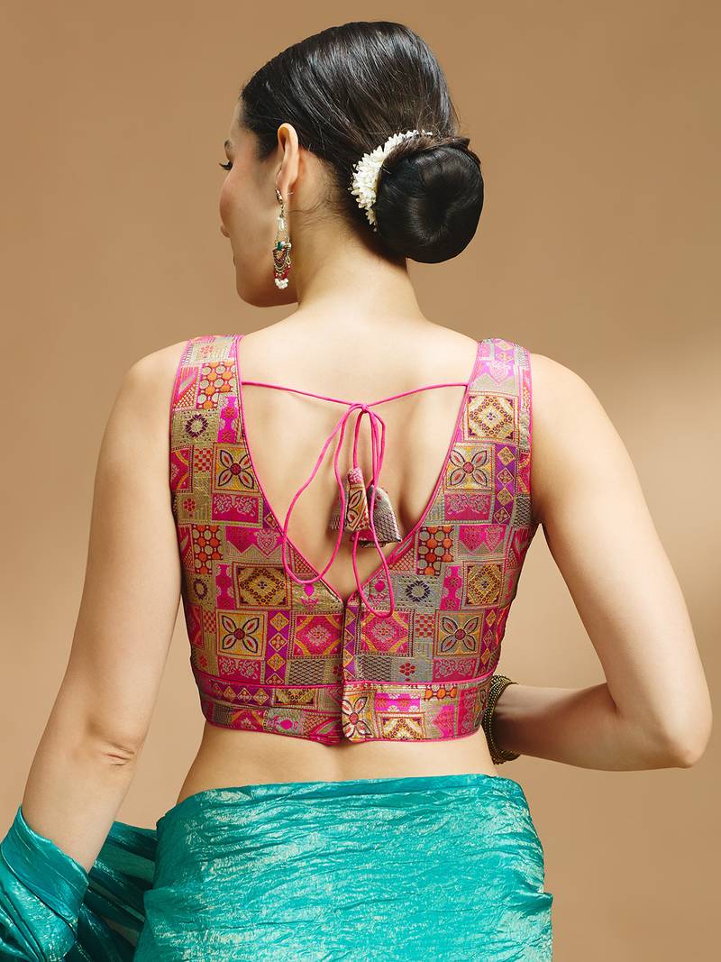 Multi coloured v neck saree blouse
