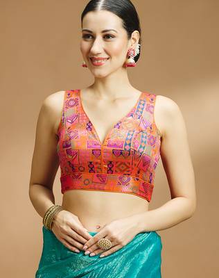 Multi coloured v neck saree blouse 1