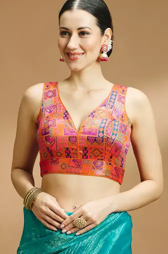 Multi coloured v neck saree blouse
