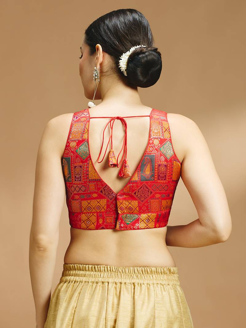 Multi coloured v neck saree blouse