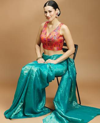 Multi coloured v neck saree blouse 4