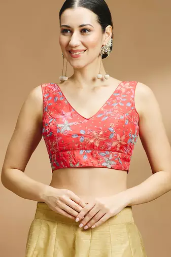 Floral printed self embroidered saree blouse