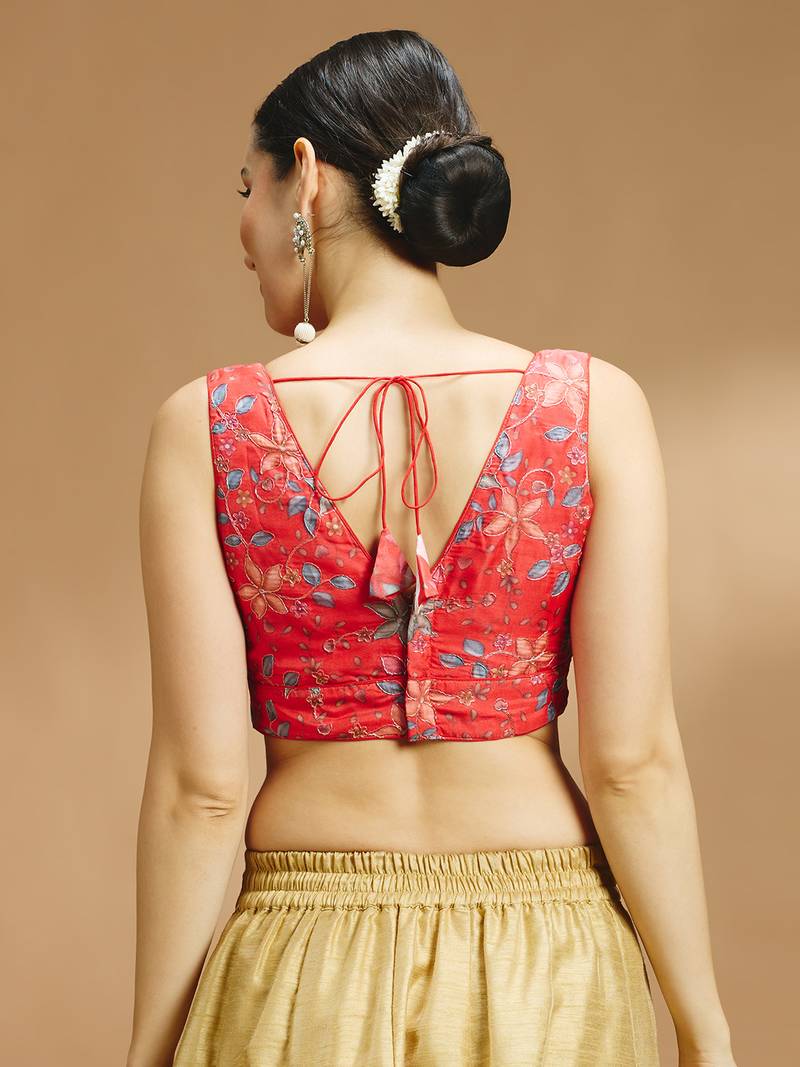 Floral printed self embroidered saree blouse