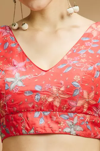 Floral printed self embroidered saree blouse