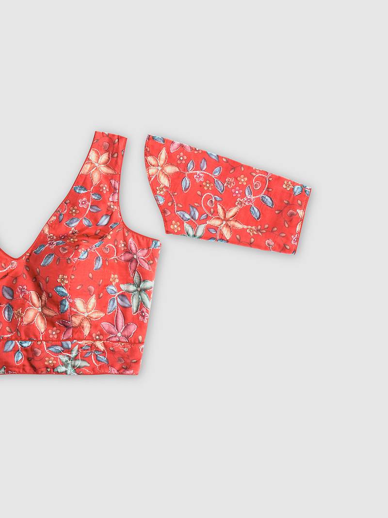 Floral printed self embroidered saree blouse