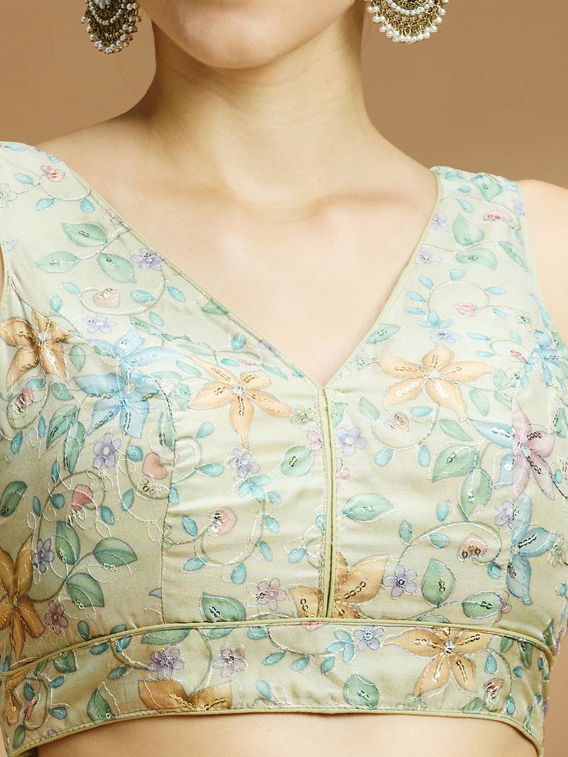 Floral printed self embroidered saree blouse