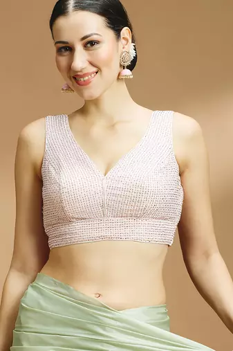 Pink embelished sequence saree blouse