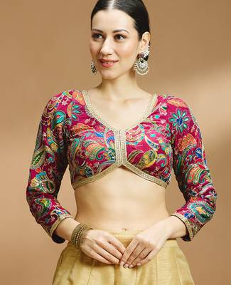 Self embroidered full sleeves v neck designer saree blouse 1