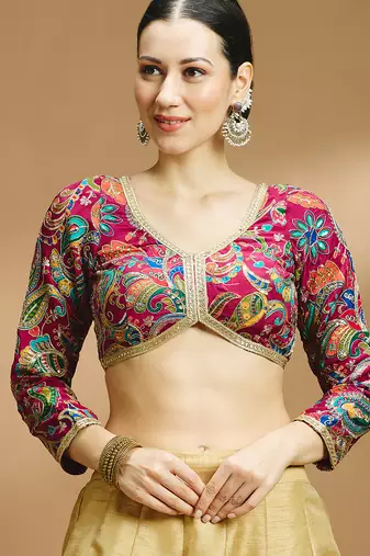 Self embroidered full sleeves v neck designer saree blouse