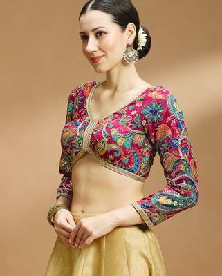Self embroidered full sleeves v neck designer saree blouse 2
