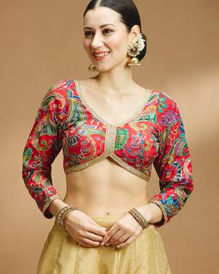 Self embroidered full sleeves v neck designer saree blouse 1